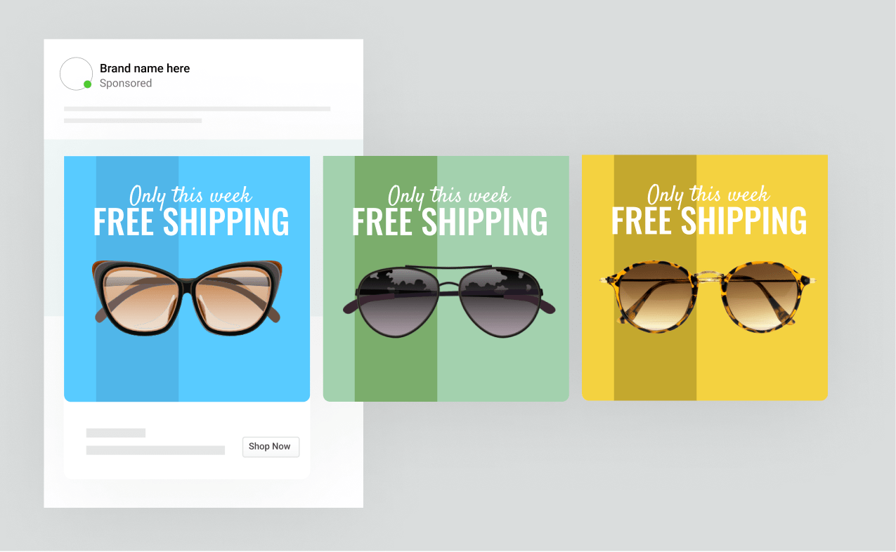 A catalog ad with rotating, bright backgrounds highlighting Limited-time Free Shipping