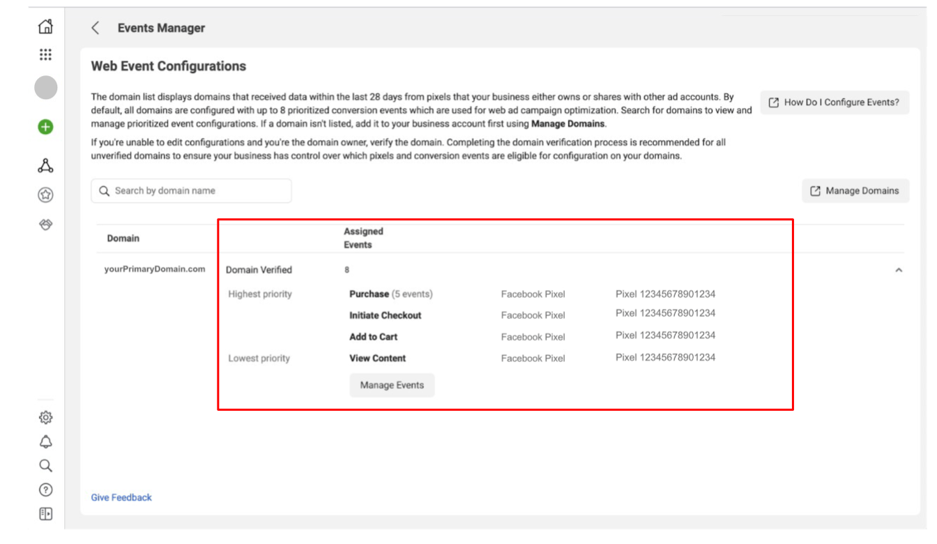How to check event configuration - screenshot of Fb ads manager web event ettings