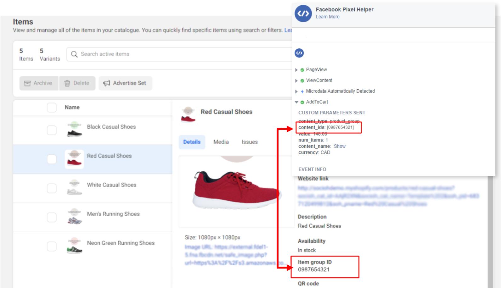 Screenshot showing how to match content IDs in your Meta pixel atalog
