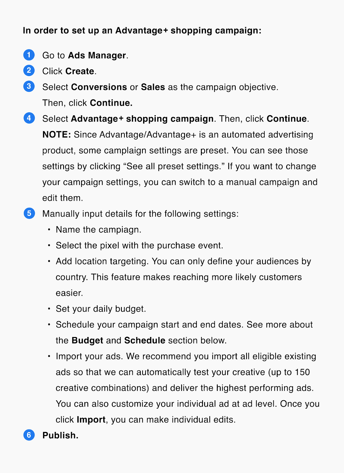 Screenshot from Meta's documentation showing how to set up an Advantage+ campaign using their Ads Manager