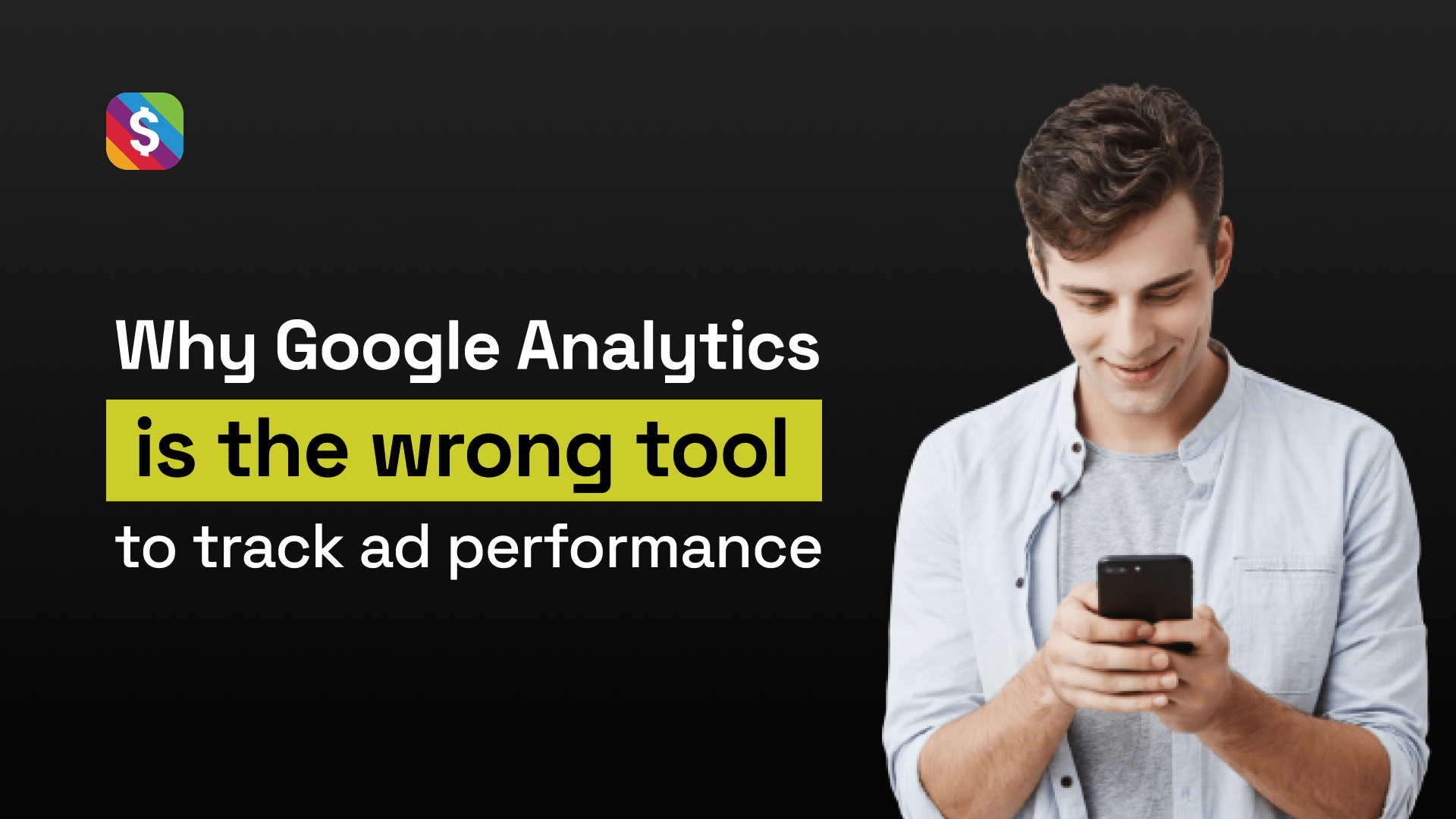 Blog banner with a black background and a graphic of a man on his phone, with the title